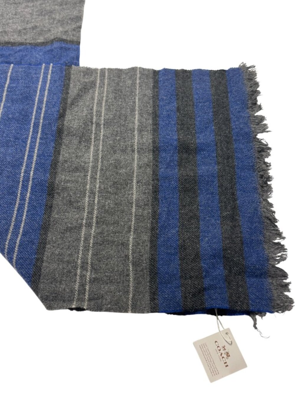 💙 Coach Wool Blanket Stripe Scarf Grey Blue Cashmere Blend Brand New w/Tag 🏷️